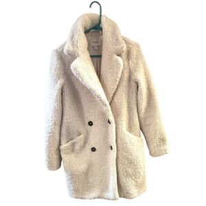 Nine West Teddy Sherpa Coat Cream Sz XS Double Breasted Teddy Bear Snow Winter